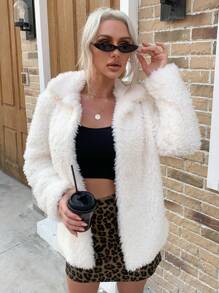 Eilly Bazar Solid Open Front Teddy Coat - Beige - View 1