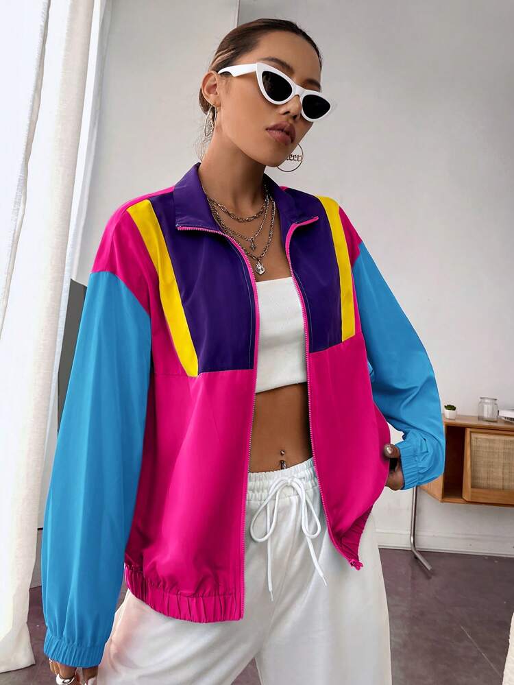 Colorblock Zip Up Drop Shoulder Jacket In Fall/Winter
