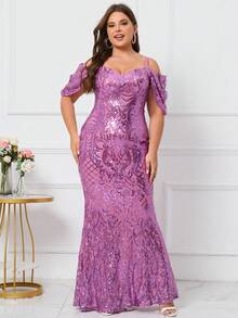 Plus Cold Shoulder Mermaid Hem Sequin Formal Dress - Purple - View 6