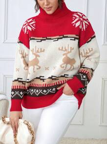 Calvaya 加上圣诞节图案高领落肩毛衣新年衣服 - 紅色 - 查看 1