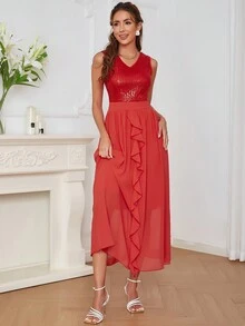 Eilly Bazar 對比色亮片荷葉邊連衣裙 - 紅色 - 查看 4