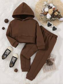 SHEIN 女小童素色連帽衫和運動褲 - 棕色 - 查看 1