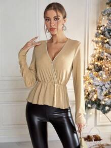 SHEIN Privé Surplice Neck Peplum Hem Glitter Blouse