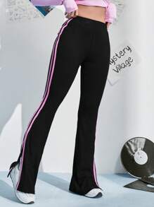 SHEIN EZwear 女款拼色开衩裤 - 黑色 - 查看 5
