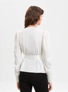 GENKIRA Sólido Com Cinto Blusa De Embrulho - Branco - Visão 2