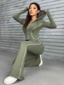 SHEIN EZwear Contrast Piping áo có mũ Áo khoác & Quần ống loe - xanh quân đội - Xem 5