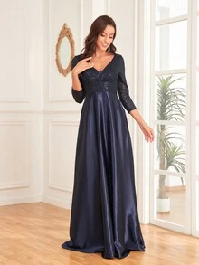 XUIBOL Contrast Sequin V Neck Formal Dress Elegant Prom Evening Wedding Guest Gown, For Graduation, Dinner - Navy Blue - View 3