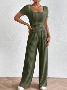 SHEIN Frenchy Square Neck Tee & Wide Leg Pants - Army Green - View 6