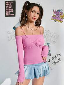 SHEIN MOD 前扭結挖肩T恤 - 玫紅色 - 查看 6