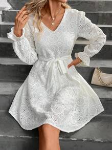 SHEIN Frenchy Eyelet Embroidery Flare Sleeve Belted Dress Winter Elegant Evening Dress - Beige - View 1