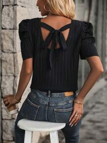 SHEIN VCAY Puff Sleeve Tie Back Blouse - Black - View 1