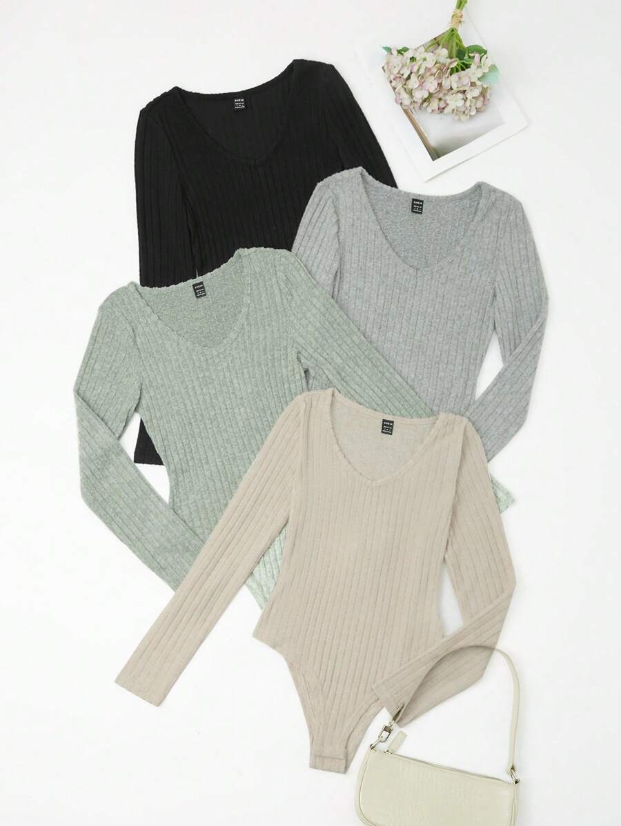 SHEIN Unity 4入組套羅紋針織 V 領連體衣 - 彩色 - 查看 1