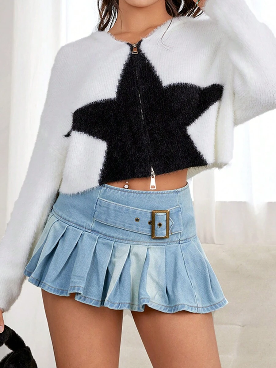 SHEIN EZwear Hai âm Thả vai 	
Fuzzy Áo len Mở - Đen và trắng - Xem 1
