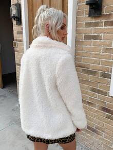 Eilly Bazar Solid Open Front Teddy Coat - Beige - View 2