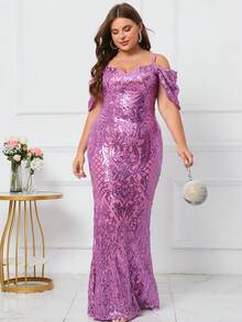 Plus Cold Shoulder Mermaid Hem Sequin Formal Dress - Purple - View 3