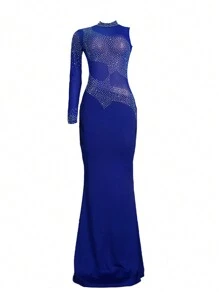 Rhinestone Detail Mock Neck Mermaid Hem Mesh Dress - Blue - View 3