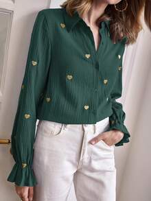 SHEIN Frenchy Camisa con bordado de corazón de manga amplia - Verde Oscuro - Ver 5