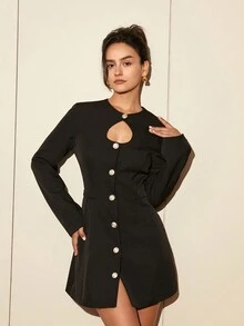 Cut Out Front Button Front Dress - Black - View 6