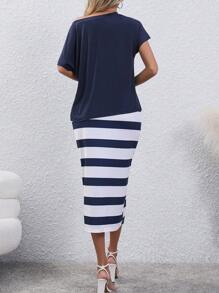 SHEIN LUNE Đồ họa Chữ cái tay cánh Áo thun & Sọc Eo dây rút Váy - Nhiều màu - Xem 2