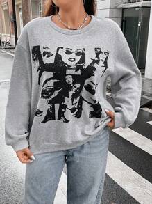 Flirla 大碼人像圖案落肩袖運動衫 - 淺灰色 - 查看 1