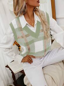 SHEIN Essnce 格紋圖案毛衣背心不帶襯衫 - 薄荷綠 - 查看 6