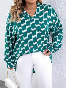 SHEIN Unity Plus Allover Print High Low Hem Blouse Fall Cloth For Women - Green - View 3