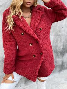 Eilly Bazar Solid Lapel Neck Teddy Coat - Burgundy - View 3