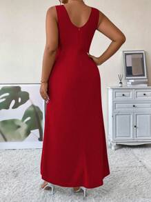 SHEIN Belle 加珍珠串珠开叉大腿背心裙新年服装长款女装 - 紅色 - 查看 2