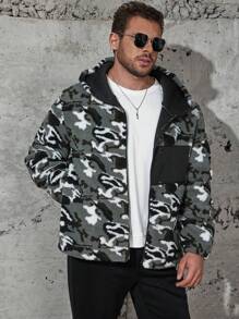 Manfinity Homme Loose Fit Men Plus Size Camo Print Zip Up Hooded Jacket - Black - View 3