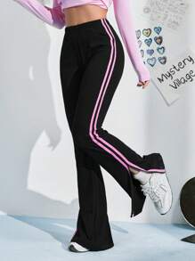 SHEIN EZwear 女款拼色开衩裤 - 黑色 - 查看 2
