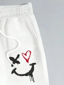 Manfinity Men Loose Heart & Expression Print Drawstring Waist Sweatpants - White - View 4