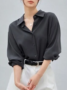 DAZY Chất rắn Thả vai Áo sơ mi - Màu xám đen - Xem 9