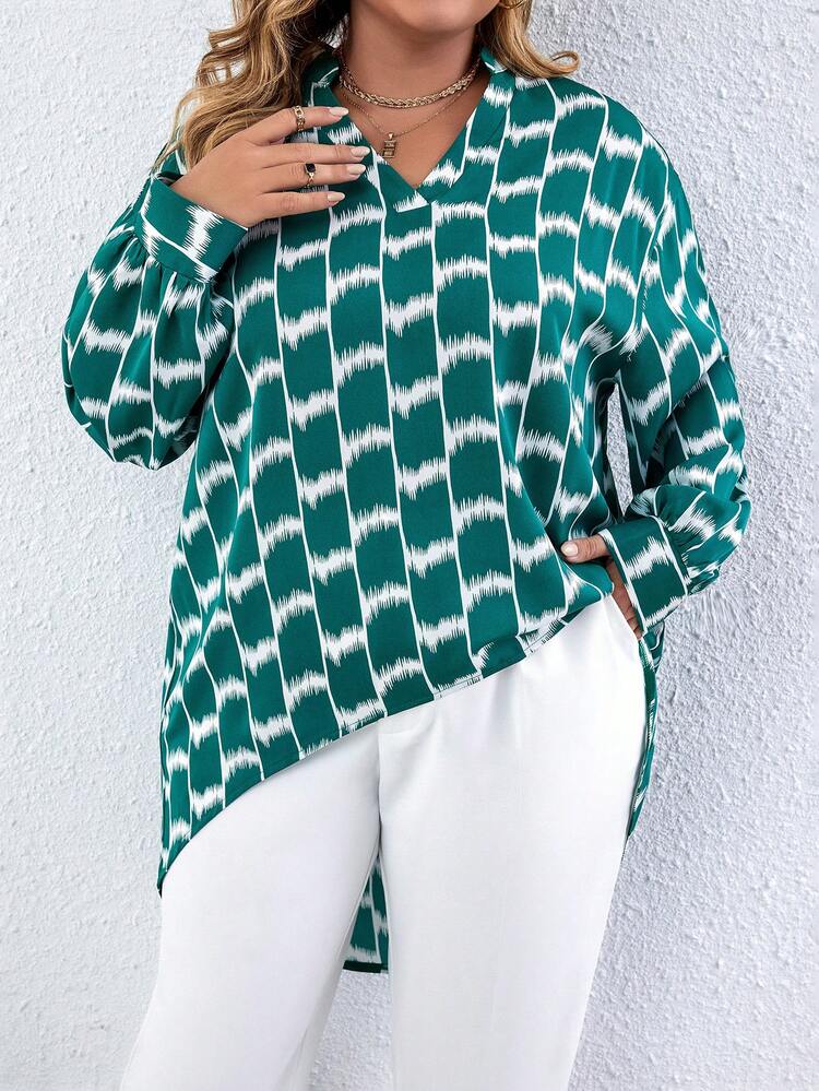 Plus Allover Print High Low Hem Blouse Fall Cloth For Women