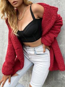 Eilly Bazar Solid Lapel Neck Teddy Coat - Burgundy - View 4