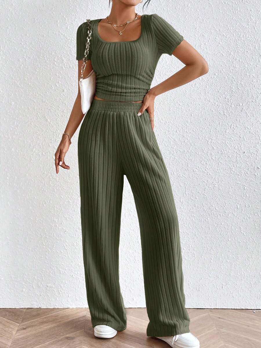 SHEIN Frenchy Square Neck Tee & Wide Leg Pants - Army Green - View 1