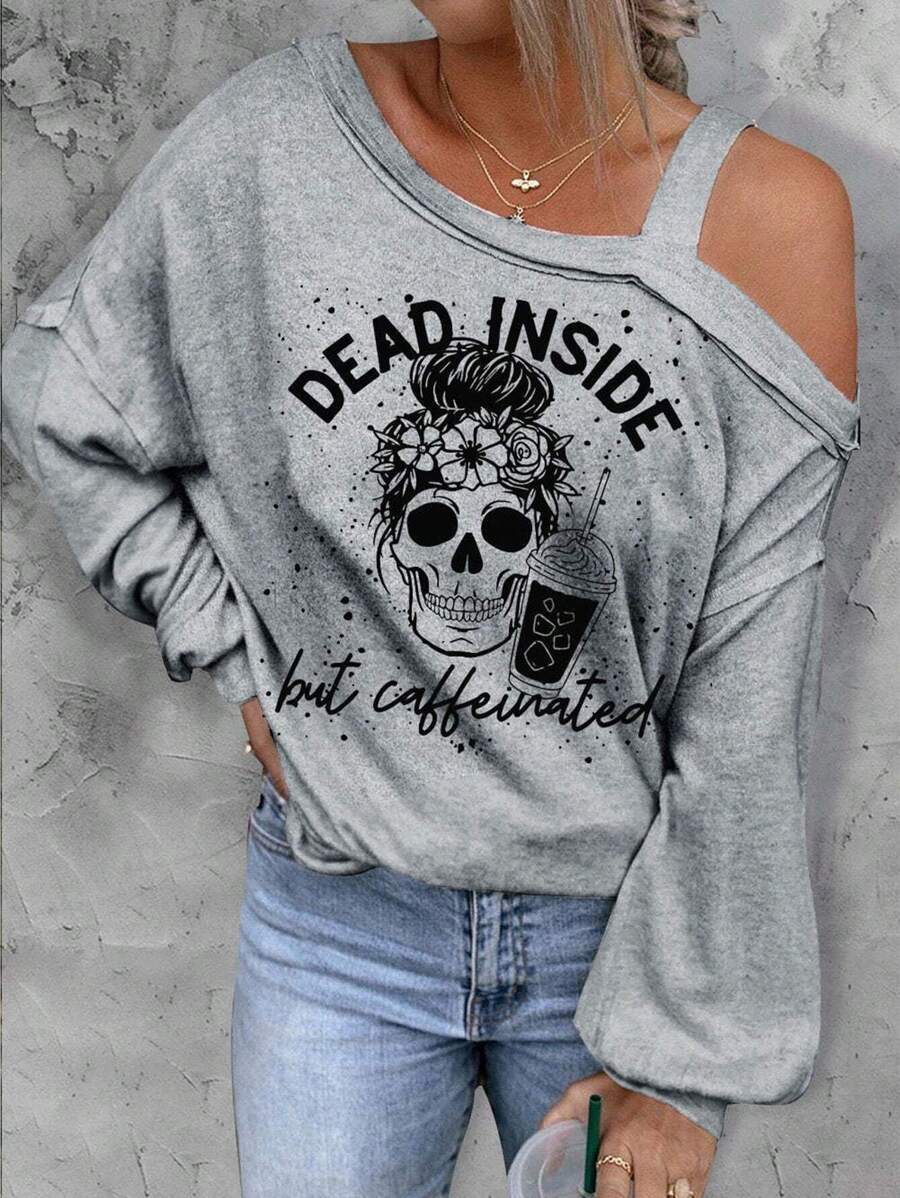 Women's Grey Knit Asymmetric Long Sleeve T-Shirt, Regular Length, Skull Print, Hollow-Out Design, Detailed Pattern - Grey - View 1