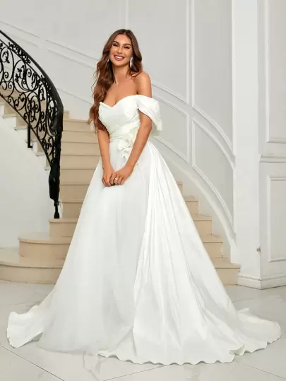 SHEIN Belle Off Shoulder Appliques Mesh Overlay Wedding Dress Without Veil