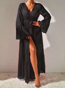 Swim Vcay 荷葉袖荷葉邊腰帶和服罩衫 - 黑色 - 查看 7