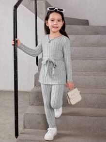 SHEIN 女小童條紋針織腰帶T恤和緊身褲