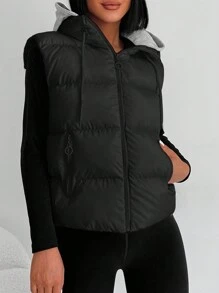 Zip Up Drawstring Hooded Puffer Vest Coat