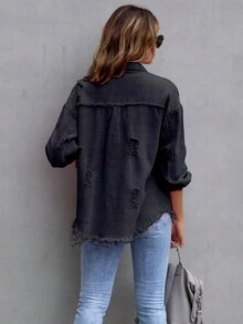 Ladies Single-Breasted Drop Shoulder Long Sleeve Denim Blouse - Black - View 2