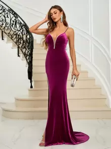 SHEIN Belle Rhinestone Chi tiết Tách đùi Nhung Váy Dây - Màu tím - Xem 4