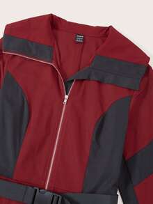 SHEINNeu Colorblock Zip Up Belted Jumpsuit - Red - View 3