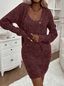 SHEIN LUNE 雜色針織落肩袖開襟衫&毛衣洋裝 - 紅木色 - 查看 1