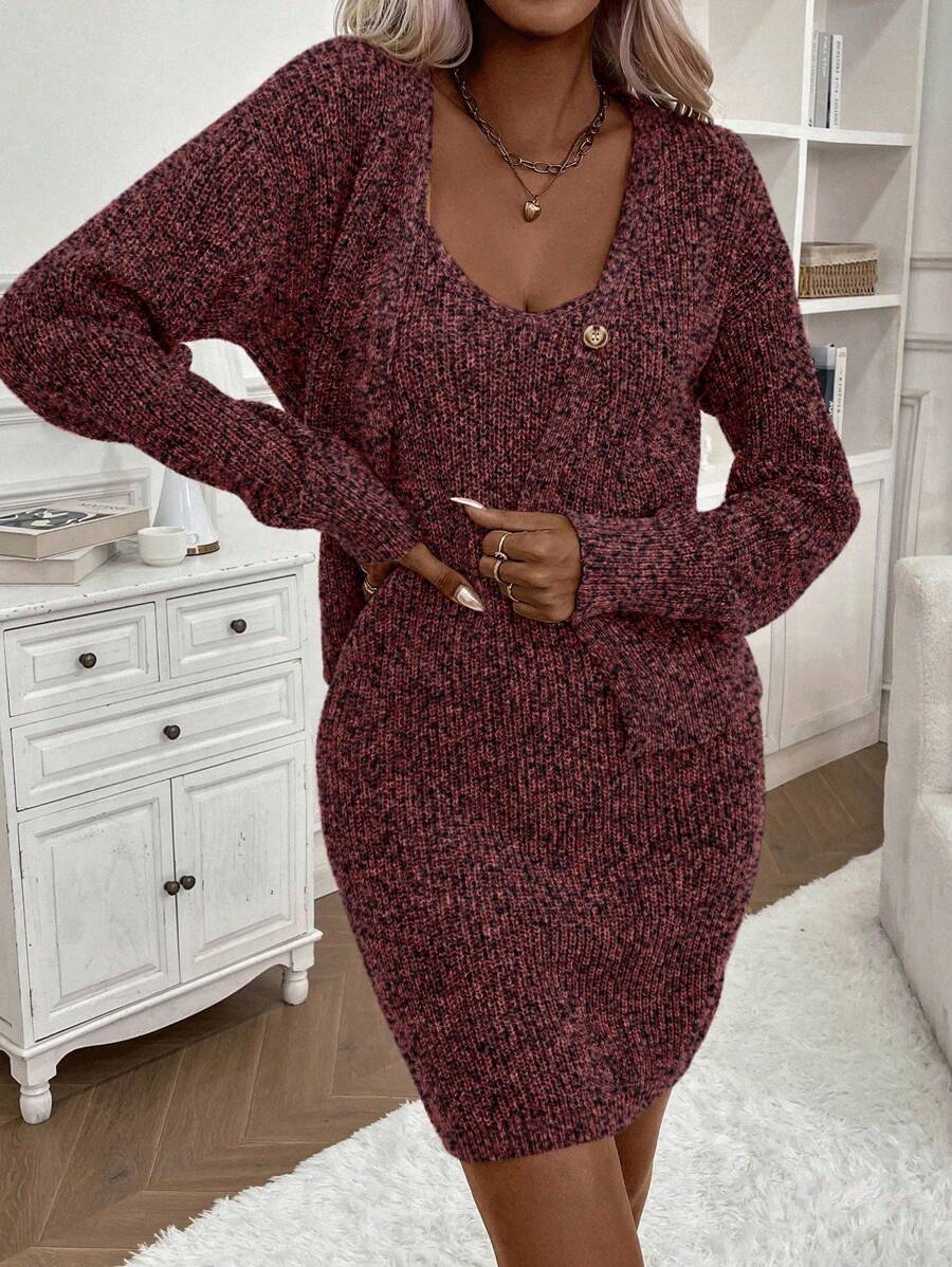 SHEIN LUNE 雜色針織落肩袖開襟衫&毛衣洋裝 - 紅木色 - 查看 1