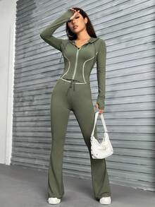 SHEIN EZwear Contrast Piping áo có mũ Áo khoác & Quần ống loe - xanh quân đội - Xem 4