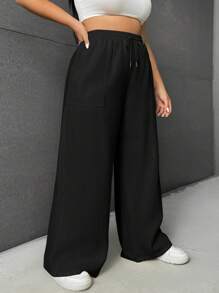 SHEIN EZwear Plus Drawstring Waist Wide Leg Jeans - Black - View 1