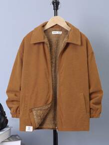 SHEIN 男大童字母補丁細節毛絨襯裡前拉鍊外套