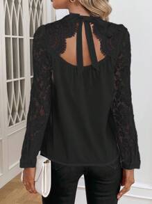 SHEIN Clasi 蕾絲拼接後背繫帶小高領襯衫 - 黑色 - 查看 5