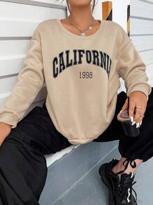 Flirla 大碼字母圖案落肩袖運動衫 - 杏色 - 查看 1